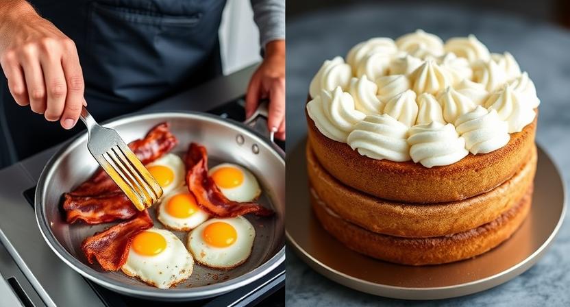 Collage: left side is a person cooking. Right side is a cake with frosting