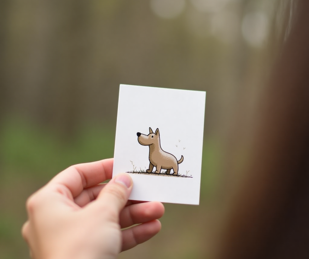Woman holding a flashcard auth a picture of a dog on it.