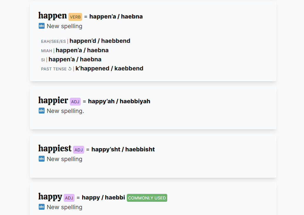Screenshot showing new spelling changes for Pennsylvania Dutch words